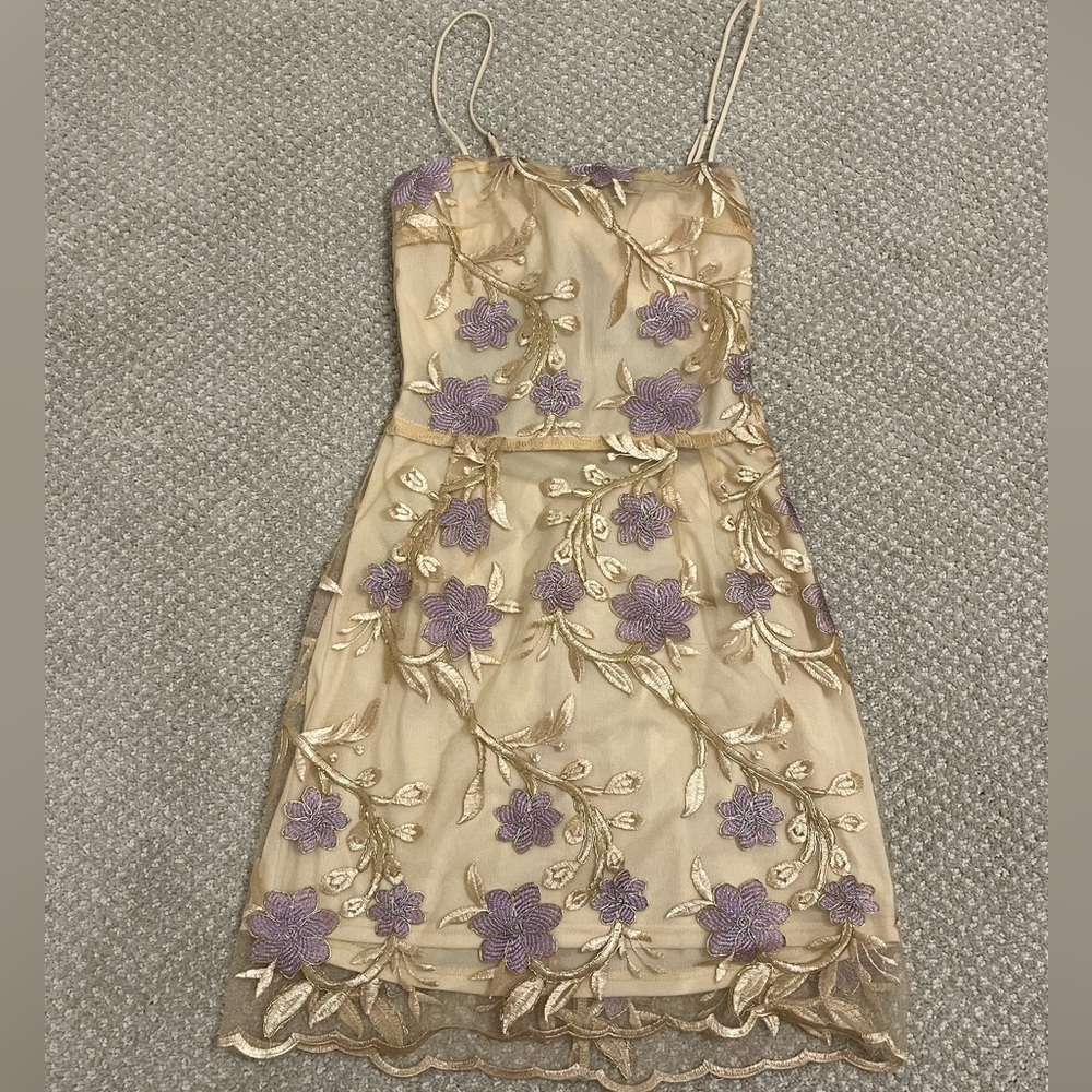 champagne and purple floral dress with back tie